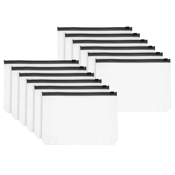 Uxcell A5 Binder Pocket, 12 Pack 6 Holes Zipper Binder Pouch Budget Stuffing Envelopes Clear Storage Pocket Waterproof for Budget Planning Loose Leaf Bags, Black Zip/Clear Pouch