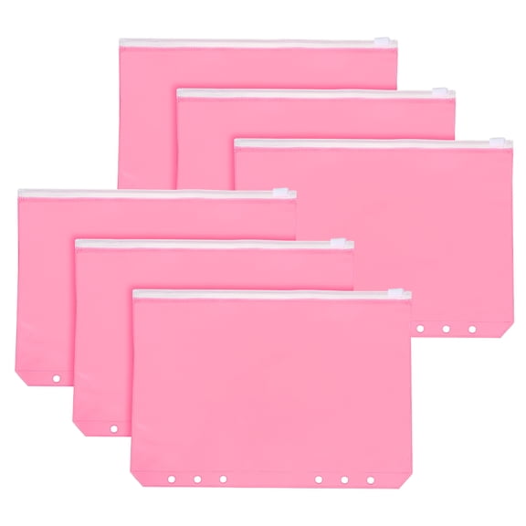 Uxcell A5 Binder Pocket, 6 Pack 6 Holes Zipper Binder Pouch Budget Stuffing Envelopes Clear Storage Pocket Waterproof for Budget Planning Loose Leaf Bags, Transparent Zip/Pink Pouch