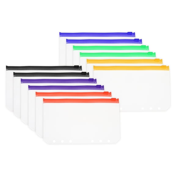 Uxcell A6 Binder Pocket, 12 Pack 6 Holes Zipper Binder Pouch Budget Stuffing Envelopes Clear Storage Pocket Waterproof for Budget Planning Loose Leaf Bags, Colorful Zip/Clear Pouch