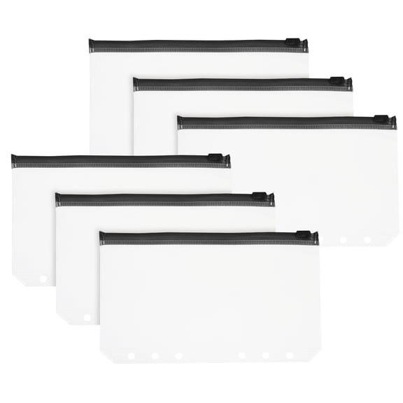 Uxcell A6 Binder Pocket, 6 Pack 6 Holes Zipper Binder Pouch Budget Stuffing Envelopes Clear Storage Pocket Waterproof for Budget Planning Loose Leaf Bags, Black Zip/Clear Pouch
