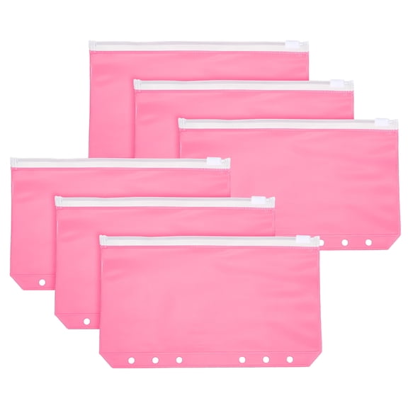 Uxcell A6 Binder Pocket, 6 Pack 6 Holes Zipper Binder Pouch Budget Stuffing Envelopes Clear Storage Pocket Waterproof for Budget Planning Loose Leaf Bags, Transparent Zip/Pink Pouch