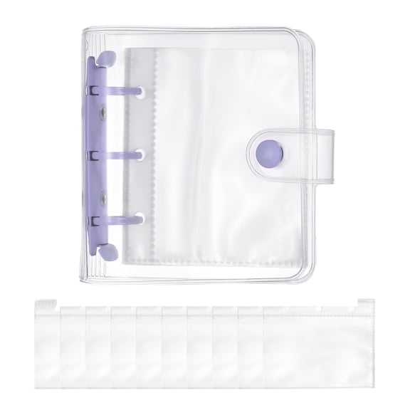 Uxcell A8 Mini 3-Ring Binder Cover, Transparent PP Notebook Binder Soft Pocket Binder with Inner Pockets Snap Button Closure Refillable Folder for for Diy Office Travel Planner, Purple