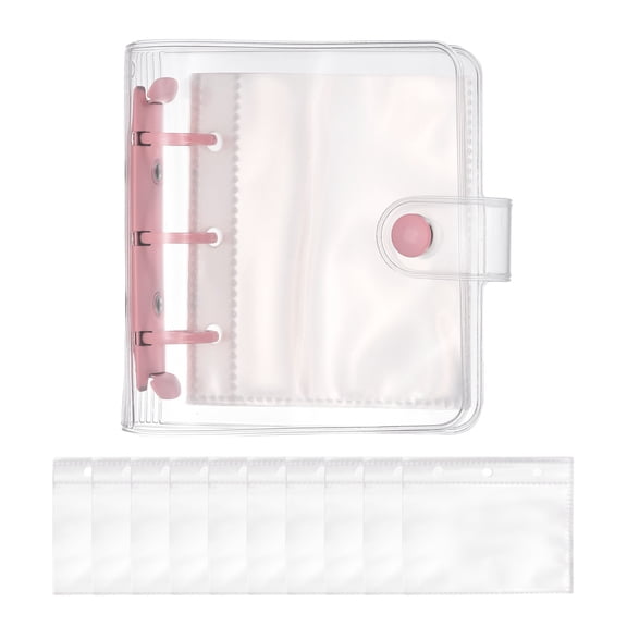 Uxcell A8 Mini 3-Ring Binder Cover, Transparent PP Notebook Binder Soft Pocket Binder with Inner Pockets Snap Button Closure Refillable Folder for for Diy Office Travel Planner, Pink
