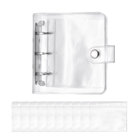 Uxcell A8 Mini 3-Ring Binder Cover, Transparent PP Notebook Binder Soft Pocket Binder with Inner Pockets Snap Button Closure Refillable Folder for for Diy Office Travel Planner, Silver