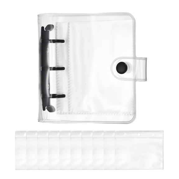 Uxcell A8 Mini 3-Ring Binder Cover, Transparent PP Notebook Binder Soft Pocket Binder with Inner Pockets Snap Button Closure Refillable Folder for for Diy Office Travel Planner, Black