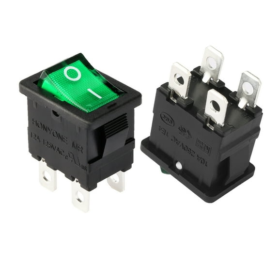 Uxcell AC 12A/125V 10A/250V DPST 4P Green LED Light Boat Rocker Switch UL Listed 5Pcs