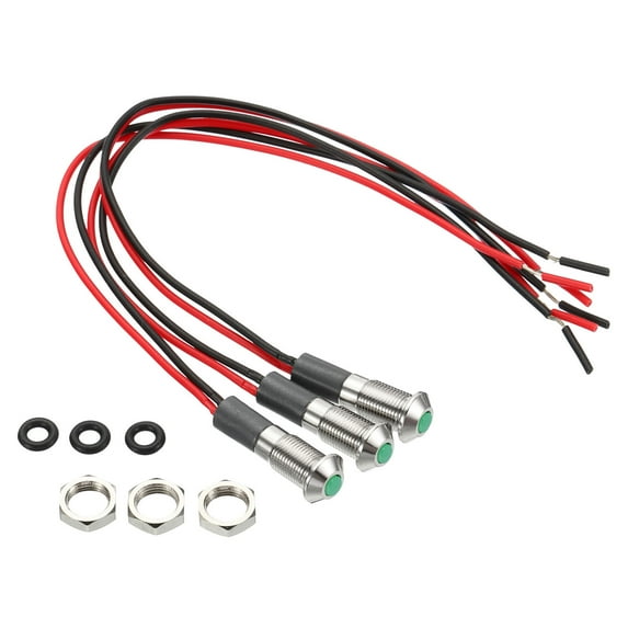 Uxcell AC/DC 12V/24V 6mm Flush Panel Mount Green Indicator Light with 150mm Cable, 3 Pack