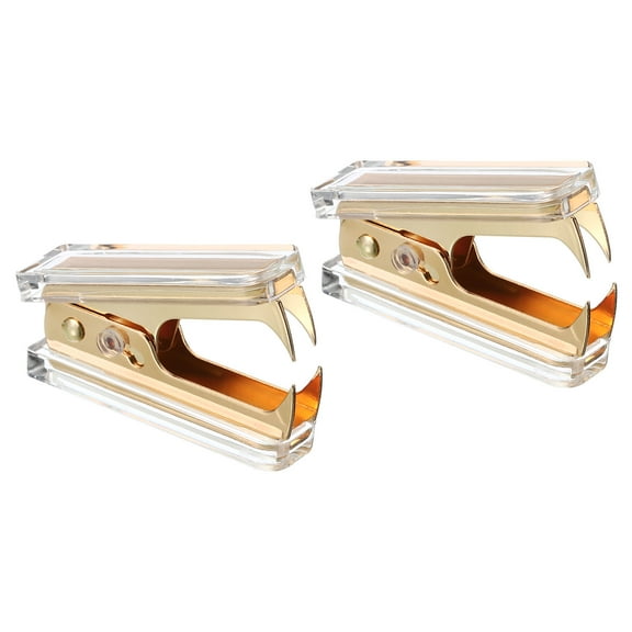 Uxcell Acrylic Staple Remover, 2 Pack Portable Lockable Jaw Style Staple Puller Removal Tool with Plastic Box, Gold