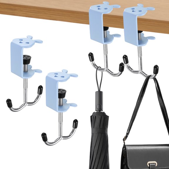 Uxcell Adjustable Desk Hooks 2Pcs with Silicone Cap Heavy Duty Under Desk Backpack Hanger Metal Bag Holder Purse Hooks for Handbag, Headphones, Umbrellas, Blue(Rabbit Double Hooks)
