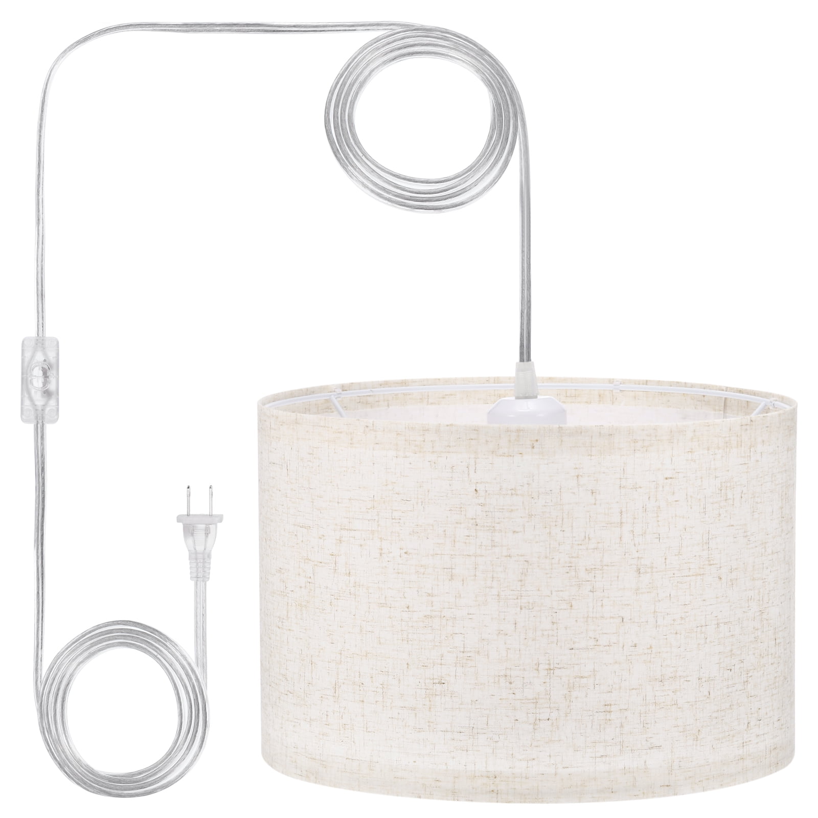 Beige Linen Fabric Drum Pendant Light with 15Ft Clear Cord