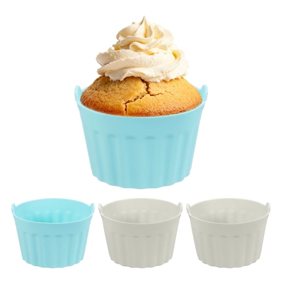 Uxcell Air Fryer Cups, 4 Pcs Silicone Baking Cups Air Fryer Baking Nonstick Bakeware Easy Release Silicone Ramekins for Cupcakes Muffins Puddings Tarts, Sky Blue/Beige Gray