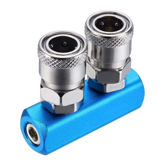 Uxcell Air Manifold, 2 Way 5 Port 1/4" Supply 1/4" Output Port Aluminum Air Compressor with 2 Couplers 1/4" NPT Male Plug Pneumatic Manifold Distribution Block for Compressor Cylinder