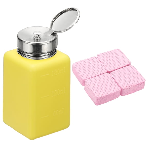 Uxcell Alcohol Dispenser, 180ml(6oz) Pump Bottle for Nail Polish Remover, Yellow(Splash-proof Pump Head)