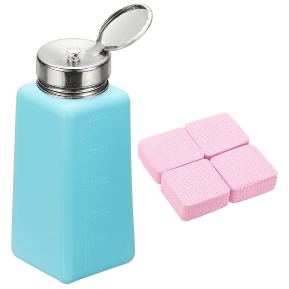 Uxcell Alcohol Dispenser, 250ml(8.5oz) Pump Bottle for Nail Polish Remover, Blue(Splash-proof Pump Head)