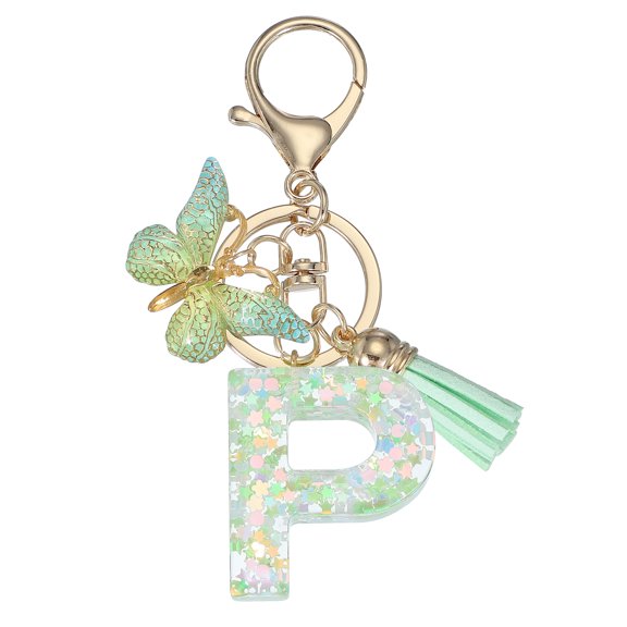 Uxcell Alphabet Initial Keychain, Resin Cute Keychains with Tassel Butterfly Letter Pendant Charm P