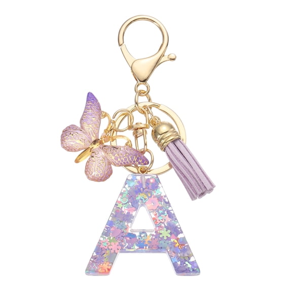 Uxcell Alphabet Initial Letter A Keychain, Cute Tassel Butterfly Key Chain, Purple