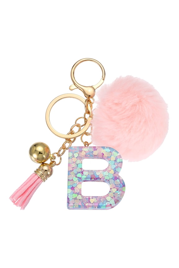 Alphabet Initial Letter Keychain, Letter B Cute Heart Resin Alphabet Keyrings Initial Bag Charm with Fur Pom Ball Tassel for Key Purse Handbag Backpacks Bags Accessories, Pink