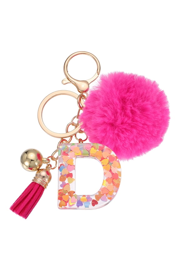 Alphabet Initial Letter Keychain, Letter D Cute Heart Resin Alphabet Keyrings Initial Bag Charm with Fur Pom Ball Tassel for Key Purse Handbag Backpacks Bags Accessories, Deep Pink