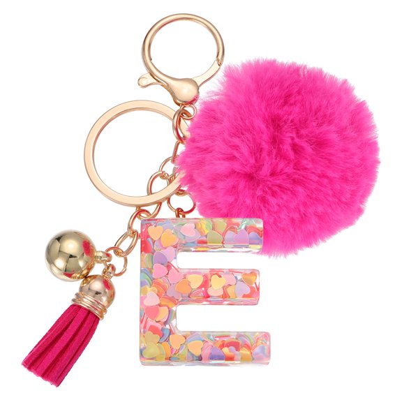Uxcell Alphabet Initial Letter Keychain, Letter E Cute Heart Resin Alphabet Keyrings Initial Bag Charm with Fur Pom Ball Tassel for Key Purse Handbag Backpacks Bags Accessories, Deep Pink