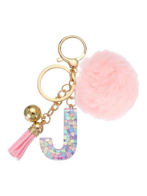 Alphabet Initial Letter Keychain, Letter J Cute Heart Resin Alphabet Keyrings Initial Bag Charm with Fur Pom Ball Tassel for Key Purse Handbag Backpacks Bags Accessories, Pink