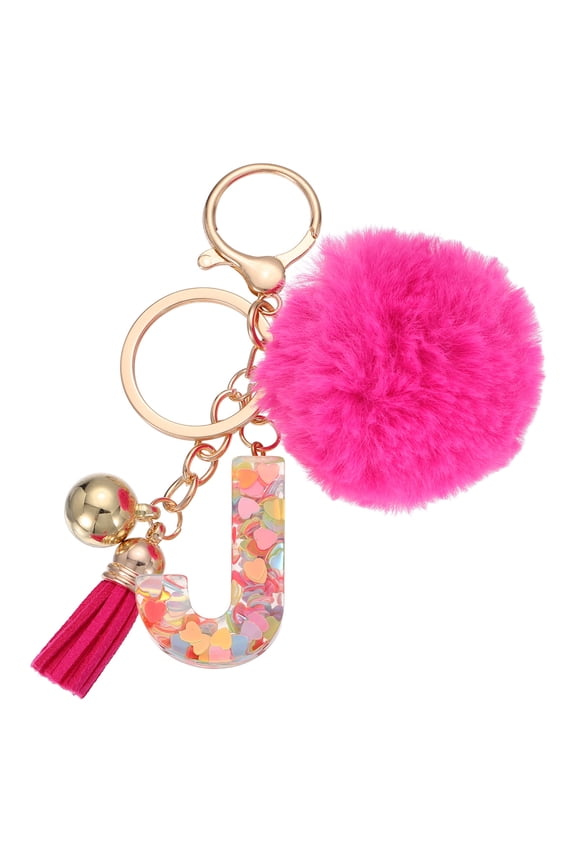 Alphabet Initial Letter Keychain, Letter J Cute Heart Resin Alphabet Keyrings Initial Bag Charm with Fur Pom Ball Tassel for Key Purse Handbag Backpacks Bags Accessories, Deep Pink