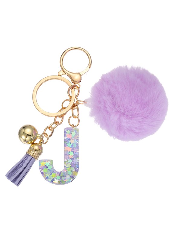 Alphabet Initial Letter Keychain, Letter J Cute Heart Resin Alphabet Keyrings Initial Bag Charm with Fur Pom Ball Tassel for Key Purse Handbags Backpacks Bags Accessories, Purple