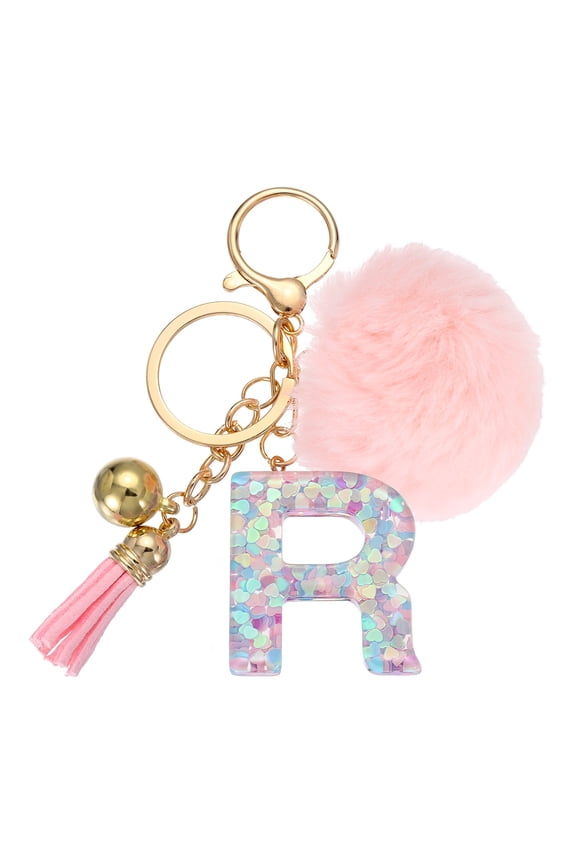 Alphabet Initial Letter Keychain, Letter R Cute Heart Resin Alphabet Keyrings Initial Bag Charm with Fur Pom Ball Tassel for Key Purse Handbag Backpacks Bags Accessories, Pink