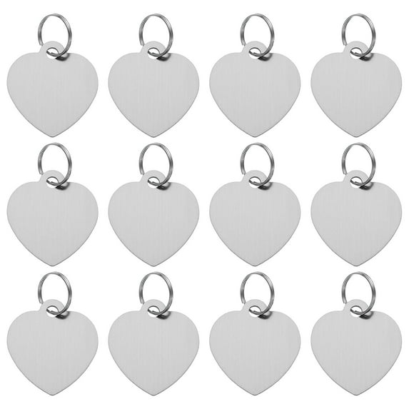 Uxcell Aluminum Blank Tags 1.4 x 1.2 Inch, Heart Shape Stamping Blanks Pet ID Label with Key Rings, Silver Tone 12Pcs