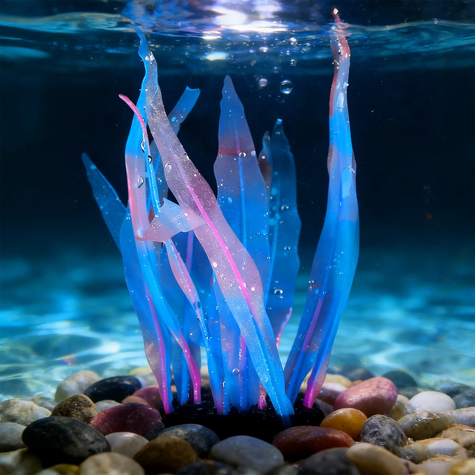 Uxcell Aquarium Decoration, 7"/10"/17" Plastic Fish Tank Plants Artificial Silicone Glowing Kelp Aquarium Plants Ornament, (Blue, 3 Pcs), Intended for Tall Fish Tank Decor / Landscaping