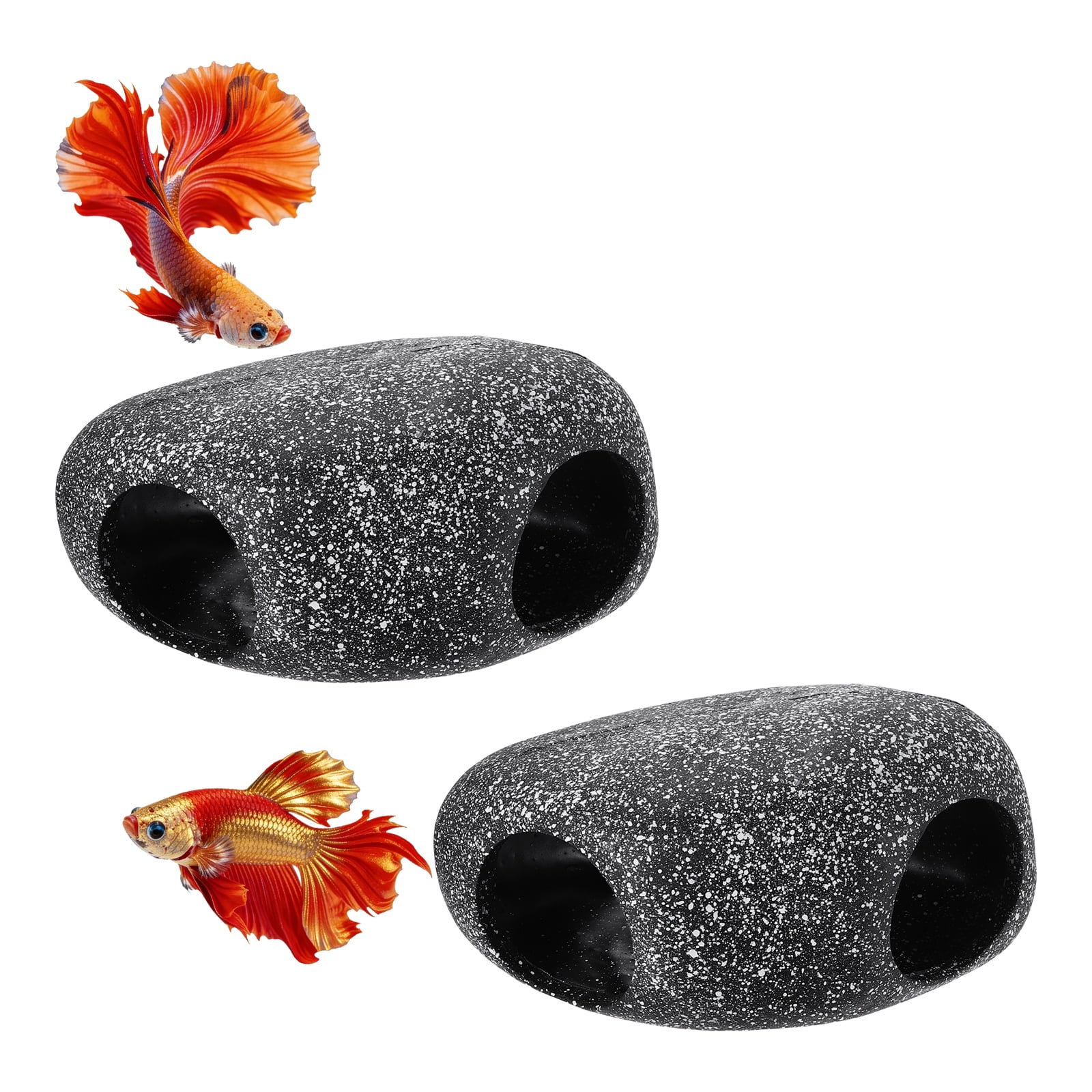 Uxcell Aquarium Decorations Rocks, 6.7x4.7x3.1 Inch Betta Hide Resin Realistic Fish Tank Ornaments, 2Pcs(Grey), Intended for Small Fish / Shrimp / Guppy
