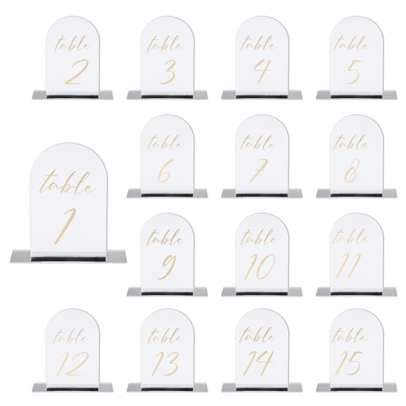 Uxcell Arch Table Numbers 1-15, 6"x4" Acrylic Display Signs and Holders, Double-Sided Mirror Background Gold Text 15 Pcs