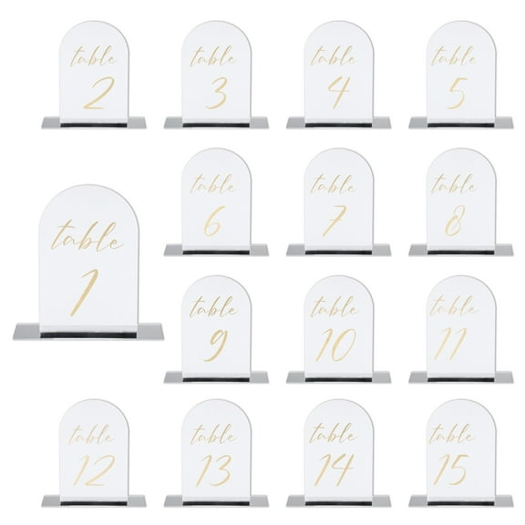 Uxcell Arch Table Numbers 1-15, 6"x4" Acrylic Display Signs and Holders, Single-Sided Mirror Background Gold Text 15 Pcs