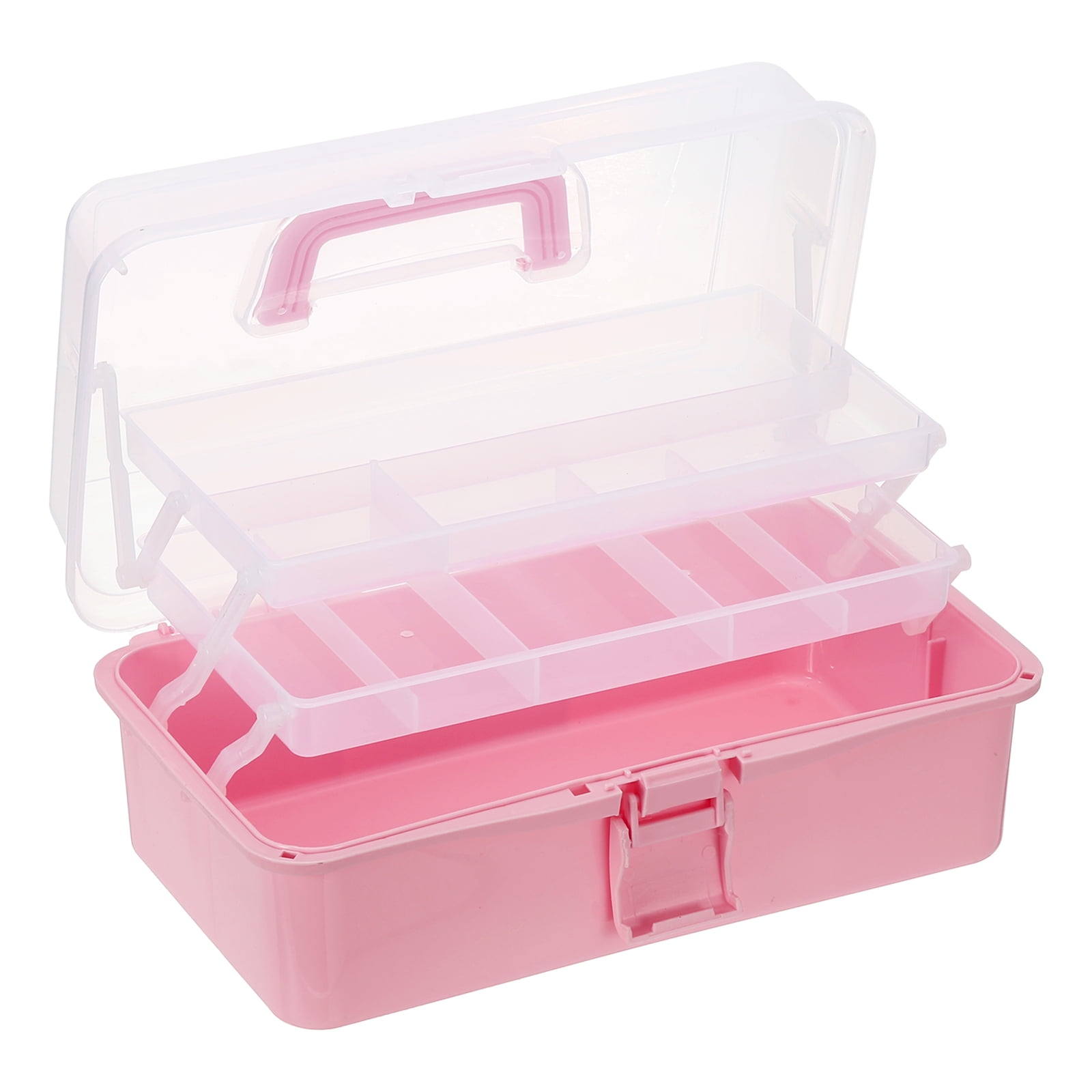 Uxcell Art Supply Storage Organizer, 3-Tray Craft Tool Box Art Supplies Organizer with Handle Buckle for Brushes Paints Stamps, Dark Pink