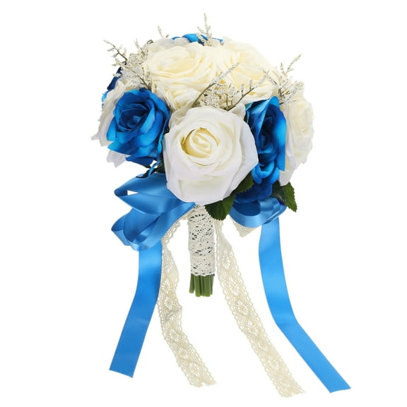 Uxcell Artificial Bridal Bouquet Wedding Flowers Bouquets with Silk Ribbon for Bride Bridesmaid, White, Blue
