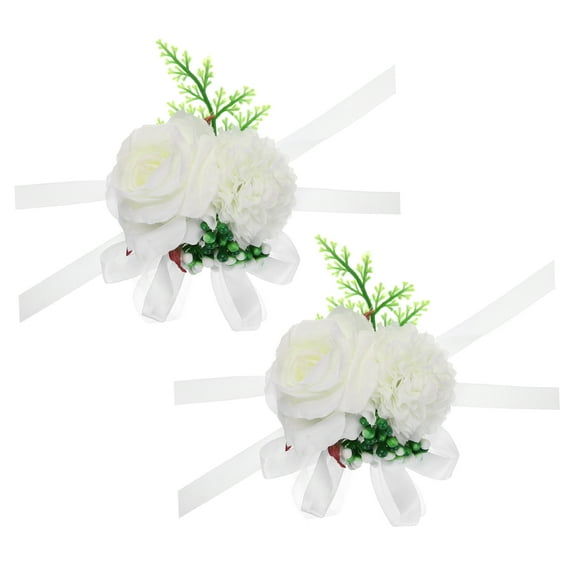 Uxcell Artificial Corsage Wristlet Flower Wrist Corsage Prom Wristlet for Wedding Party Accessory White 2Pack