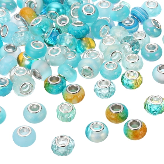 Uxcell Assorted European Craft Beads,100 Pcs Large Hole Beads Spacer Charm for DIY Craft Bracelet Making,Lake blue