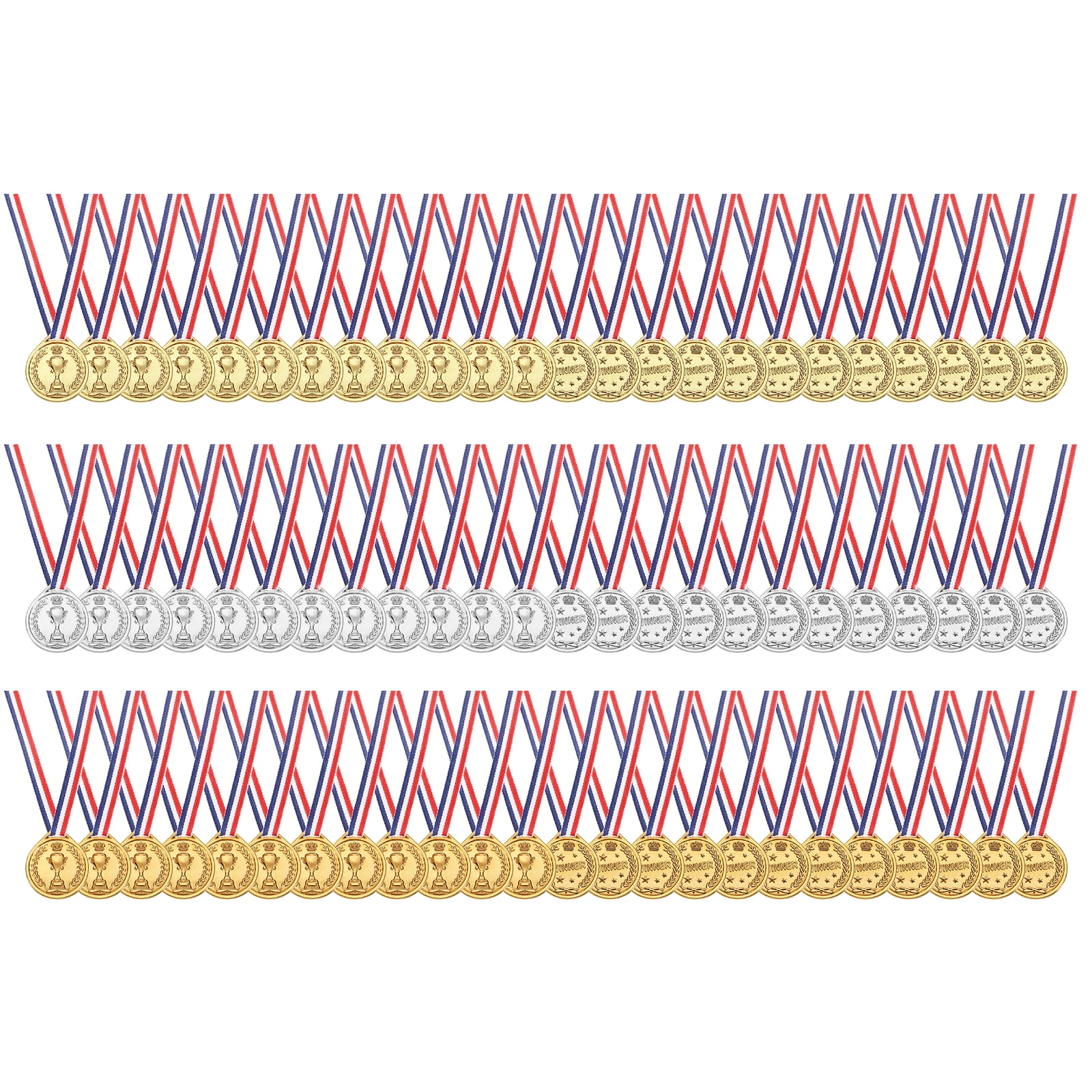 Uxcell Award Medals, 108 Pcs Gold Silver Bronze Plastic Award Medals Printed with Trophy Patterns  with Lanyards for Teen Sports, Games, Competitions, Party Favors Decorations