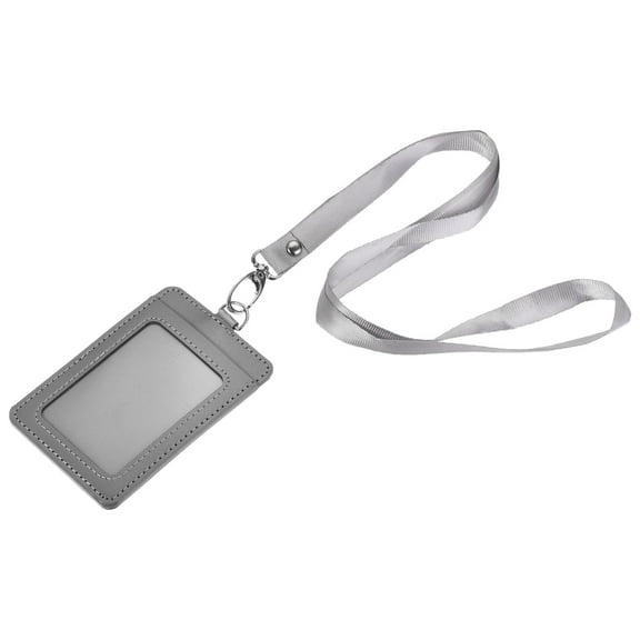 Uxcell Badge Holder 11x7.4cm Vertical PU ID Card Holder with Rivet Detachable Neck Lanyard Grey