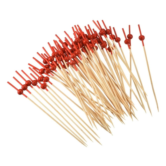 Uxcell Bamboo Cocktail Toothpicks Red Pearl Bead Drink Picks Skewer 100Pack Red Sticks