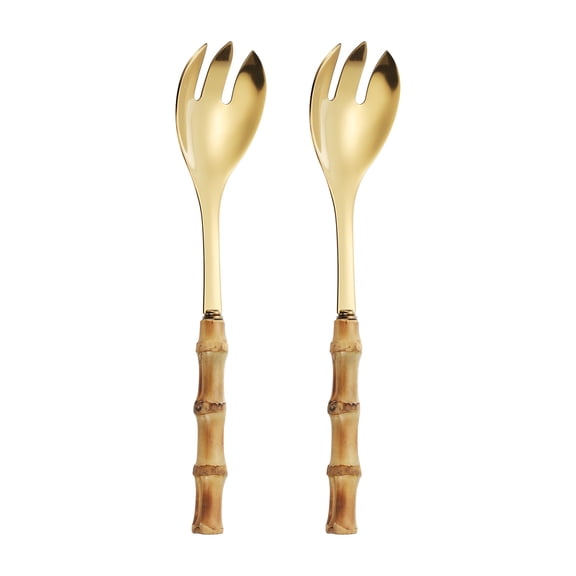 Uxcell Bamboo Handle Flatware Sets, 2Pcs Salad Fork, Gold, Stainless Steel Tableware Salad Spoon and Fork Set for Kitchen Wedding Home Restaurant Party
