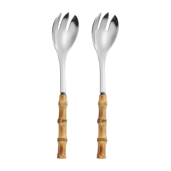 Uxcell Bamboo Handle Flatware Sets, 2Pcs Salad Fork, Silver, Stainless Steel Tableware Salad Spoon and Fork Set for Kitchen Wedding Home Restaurant Party