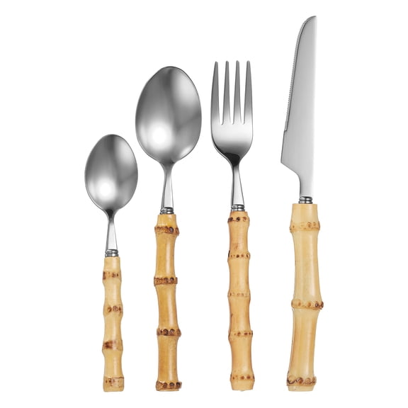 Uxcell Bamboo Handle Flatware Sets, 4 Piece for 1, Silver, Stainless Steel Tableware Salad Spoon and Fork Set for Kitchen Wedding Home Restaurant Party
