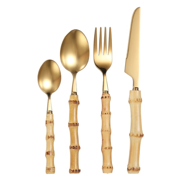 Uxcell Bamboo Handle Flatware Sets, 4 Piece for 1, Gold, Stainless Steel Tableware Salad Spoon and Fork Set for Kitchen Wedding Home Restaurant Party