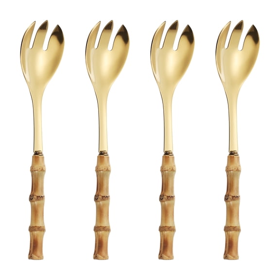Uxcell Bamboo Handle Flatware Sets, 4Pcs Salad Fork, Gold, Stainless Steel Tableware Salad Spoon and Fork Set for Kitchen Wedding Home Restaurant Party