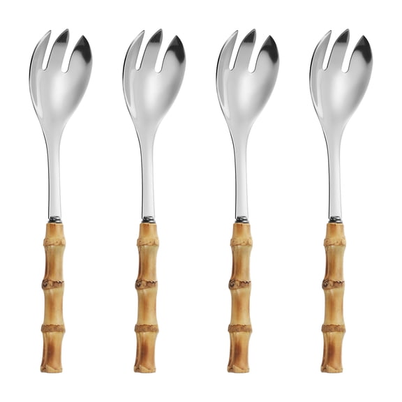 Uxcell Bamboo Handle Flatware Sets, 4Pcs Salad Fork, Silver, Stainless Steel Tableware Salad Spoon and Fork Set for Kitchen Wedding Home Restaurant Party