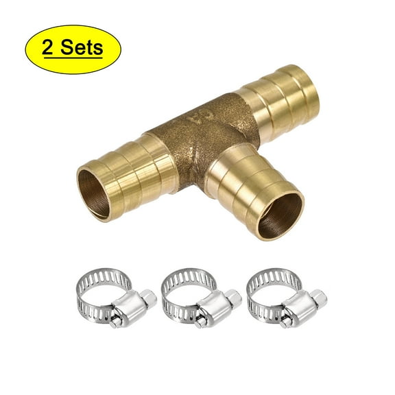 Uxcell Barb Hose Fitting 12mm OD Tee T Shape Pipe Connector Brass 2Pcs with 6Pcs 9-16mm Hose Clamps
