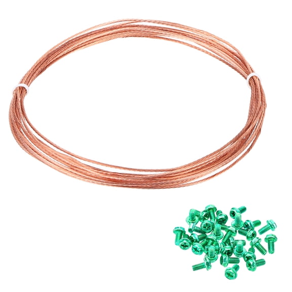 Uxcell Bare Copper Ground Wire, 18 Gauge 15Ft Solid Braided Copper Cables Electronic Metallic Wire with 20Pcs #8-32 x 5/16 Inch Green Screws for Light Fixtures Fans Electrical Equipment