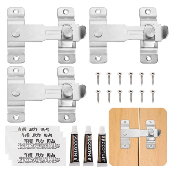 Uxcell Barn Door Latch, (Large, Silver) (3 Set), Stainless Steel 180 Degree Flip Sliding Gate Latch Lock Security Hook Door Lock with Screw, Suit For- Fence/Barn/Gate/Cabinet/Closet