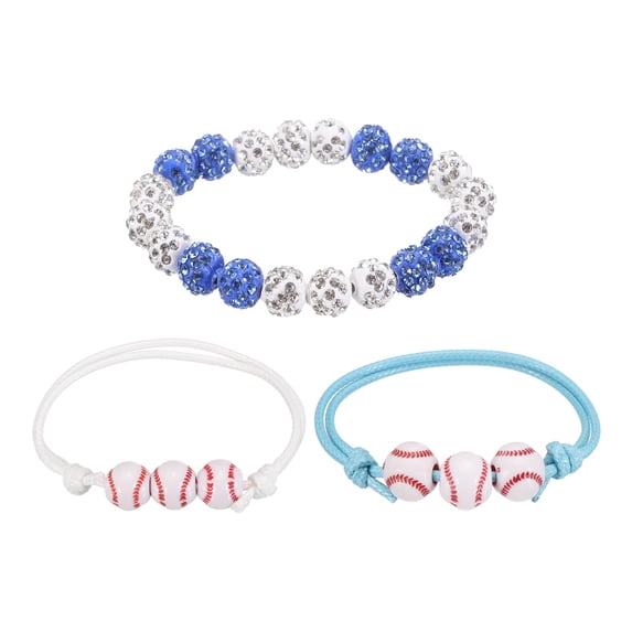 Uxcell Baseball Necklace Set 7.09'' Bling Rhinestone Beaded Chain Bracelet with Baseball Strings White Blue 4 Pcs