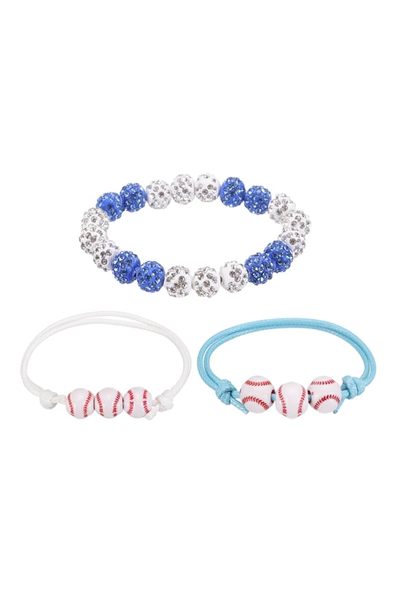 Baseball Necklace Set 7.09'' Bling Rhinestone Beaded Chain Bracelet with Baseball Strings White Blue 4 Pcs